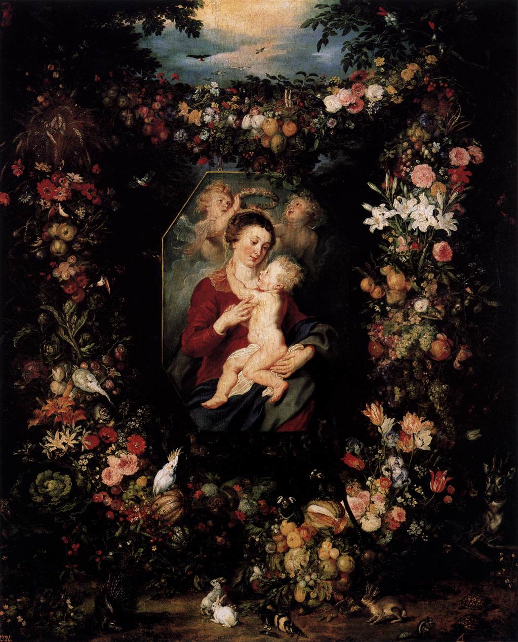 La vierge et l'enfant entourés de fleurs et de fruits