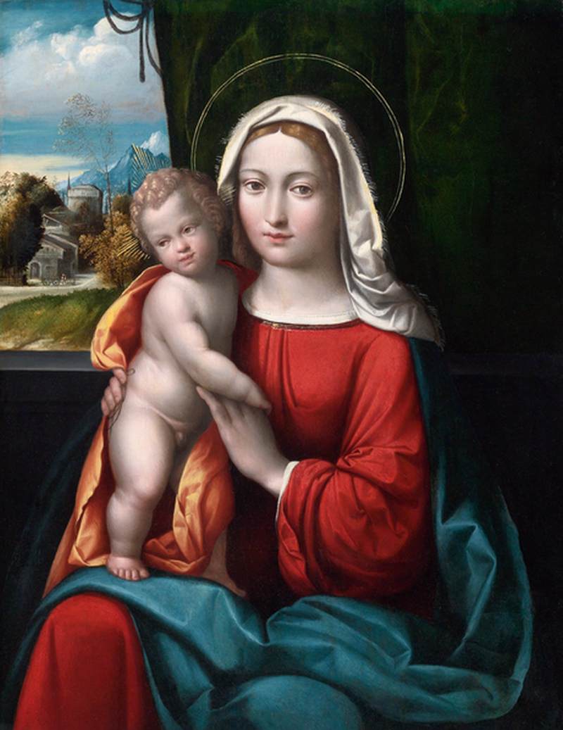 La Virgen y el Niño Ante una Cortina