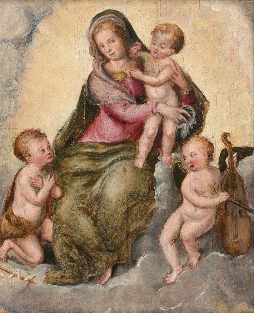 Jomfruen og barnet med Saint John the Baptist og en engelmusiker
