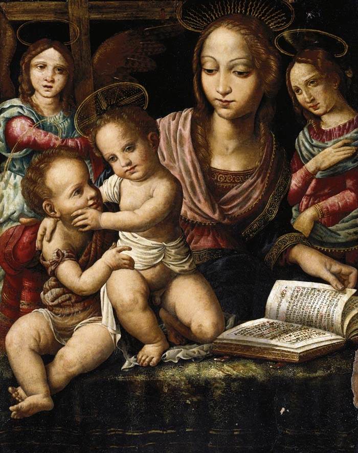 La Vierge et l'enfant avec le bébé San Juan Bautista, aidés par Ángeles