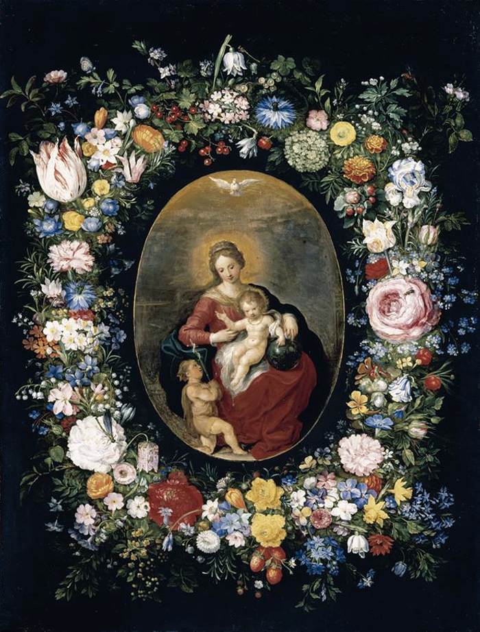 La Vierge et l'enfant avec San Juan Infante dans un Guirnalda de Flores