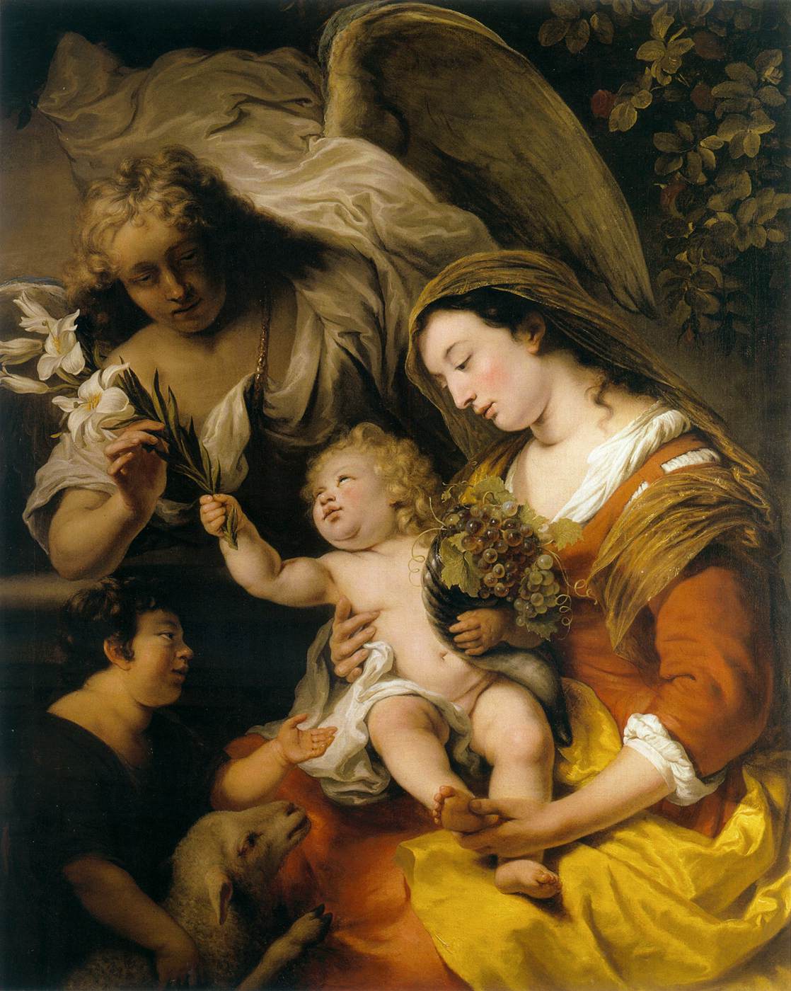 Die Jungfrau und das Kind mit dem Baby San Juan Bautista und Gabriel