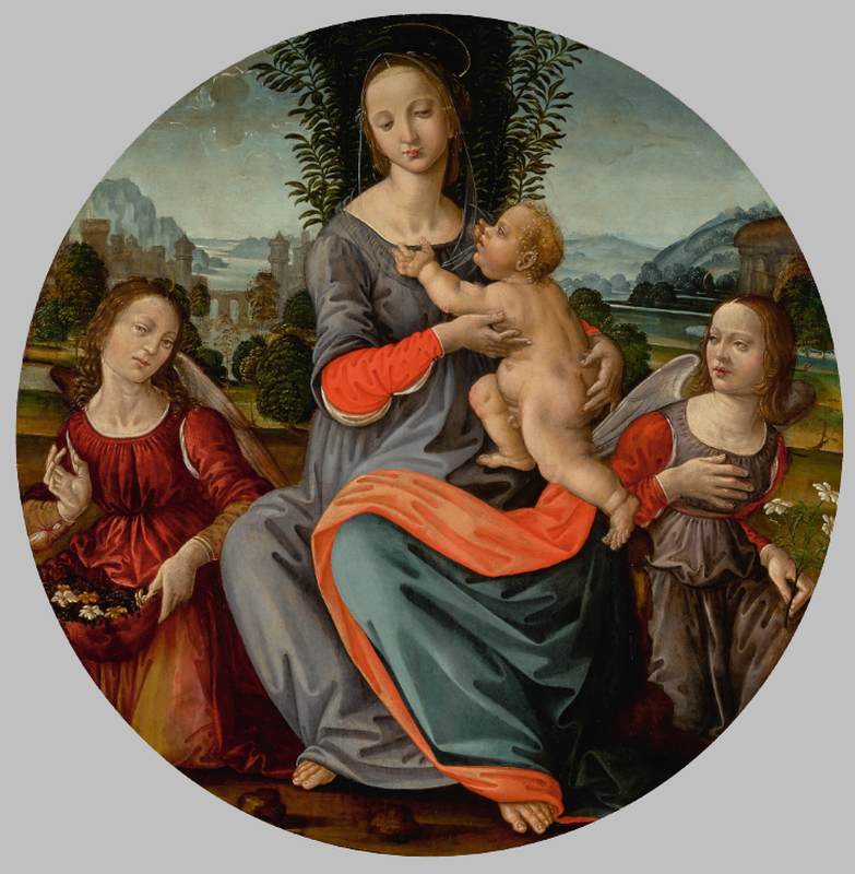 Die Jungfrau und das Kind in einer Landschaft mit Engeln