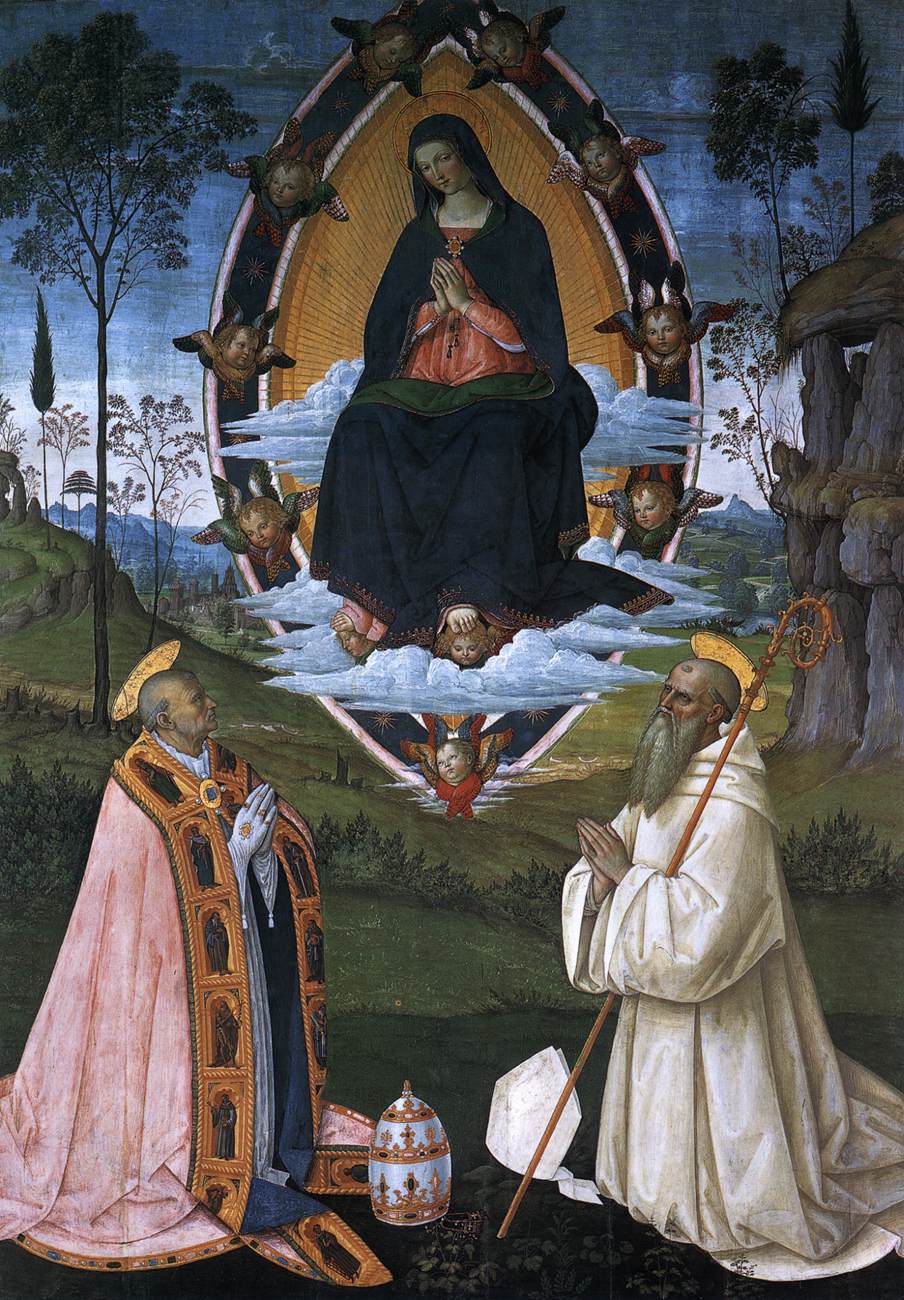 Jomfruen steg op med San Gregorio El Grande og Benedict