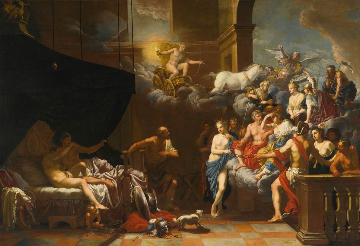Vulcano überrascht Venus und Mars im Bett vor einer Versammlung der Götter