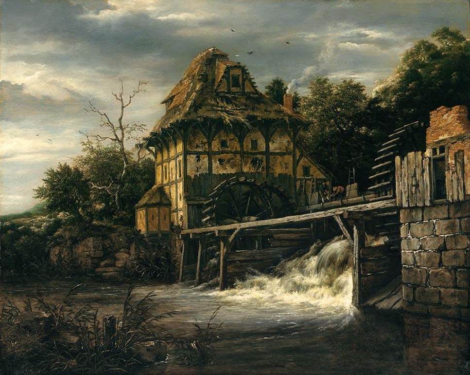 Zwei Wassermühlen mit Männern, die ein Tor öffnen