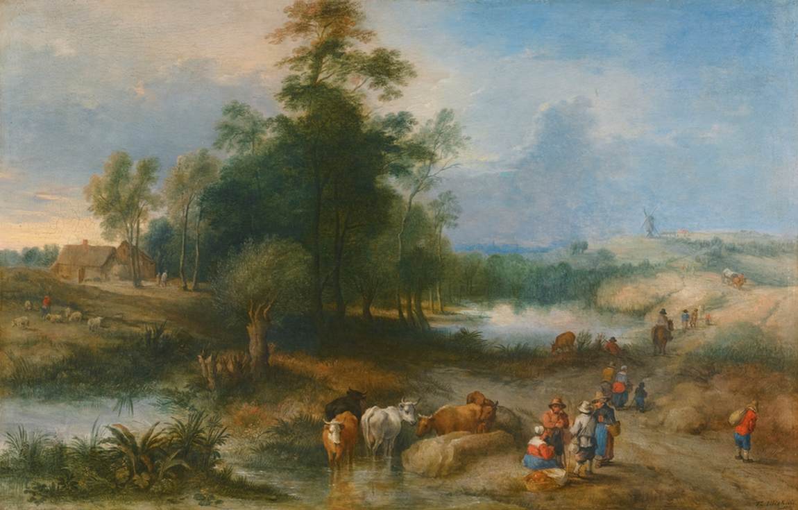 Landschaft mit Hirten, die Vieh erfüllen