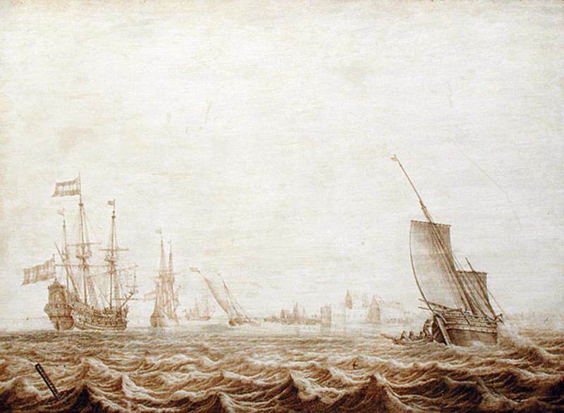 A Wijdschip Lowering Sail on a Choppy Sea