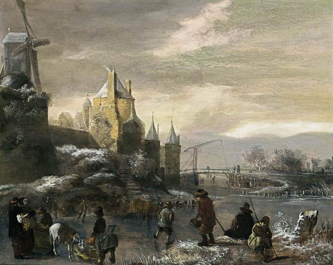 Paysage d'hiver avec patineurs