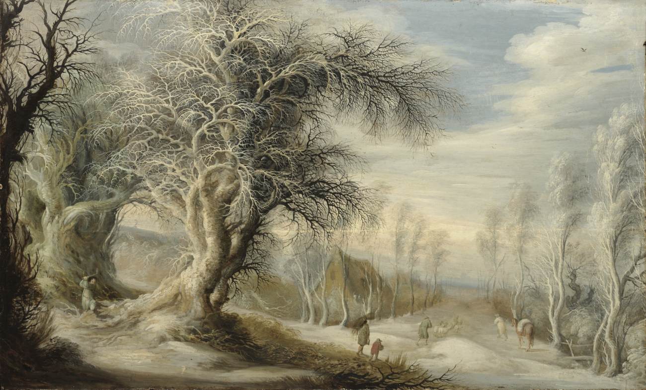 Winterlandschaft mit Holzfäller und Reisenden