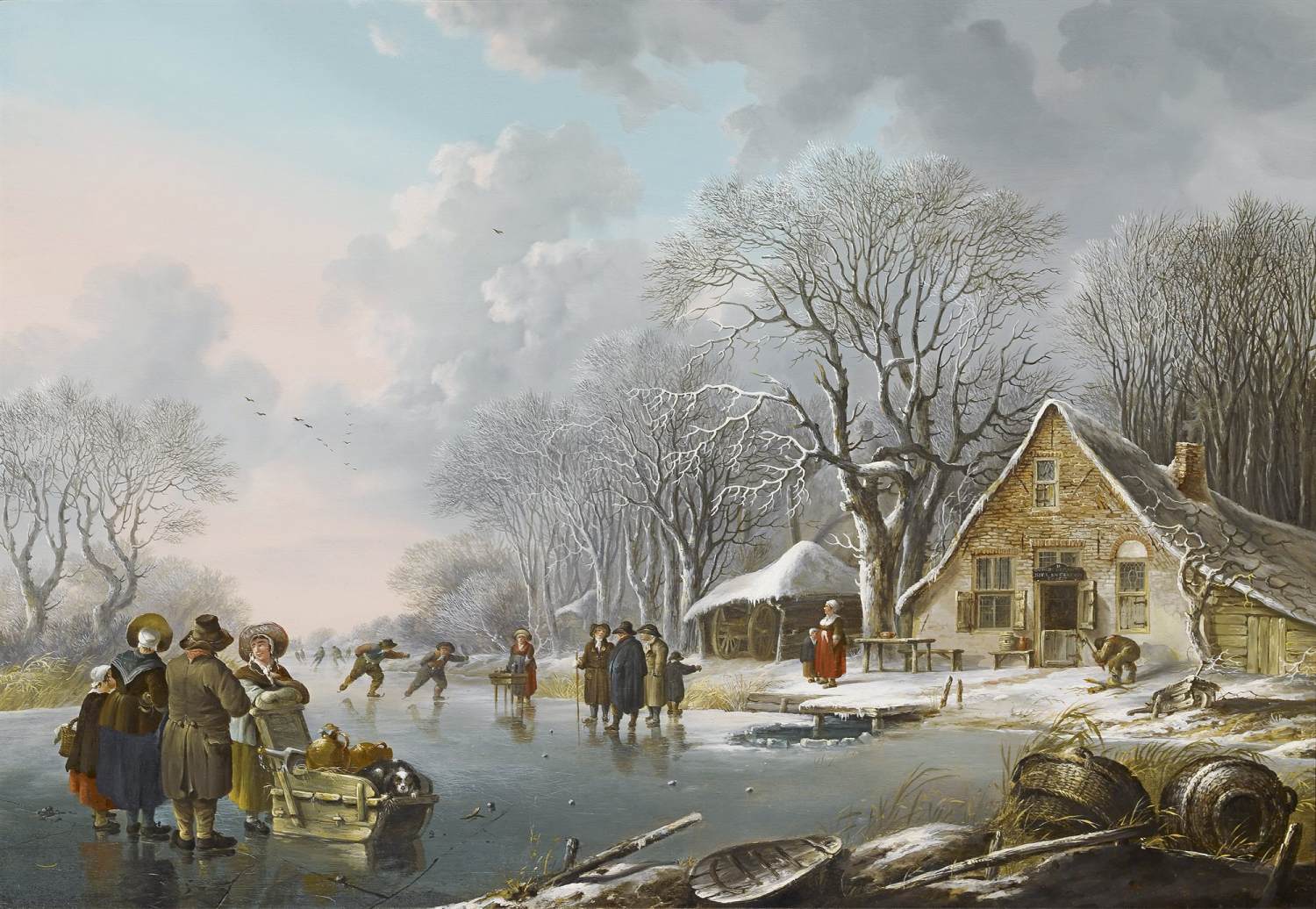 Paysage d'hiver avec patineurs et une taverne