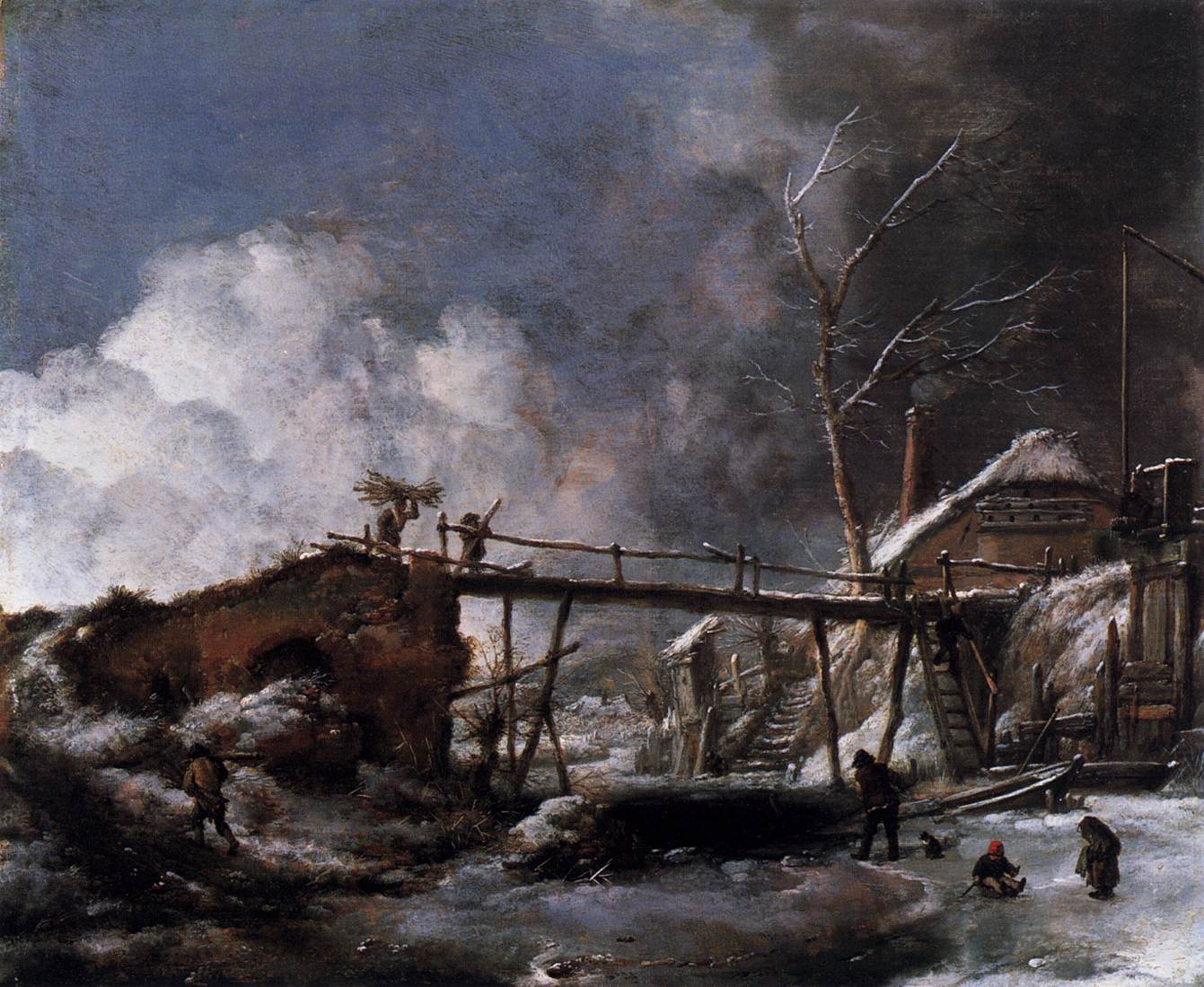 Zimowy krajobraz z drewnianym mostem