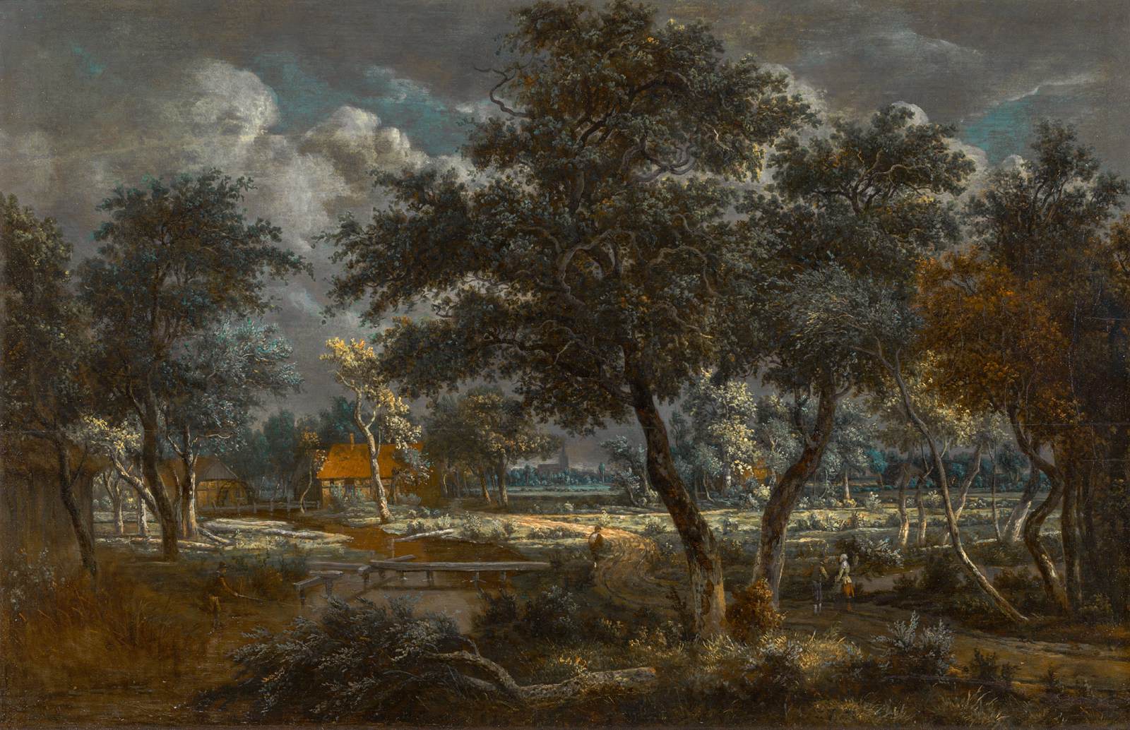 A Wooded Landscape with Farmers on a Path and a Fisherman in a Stream