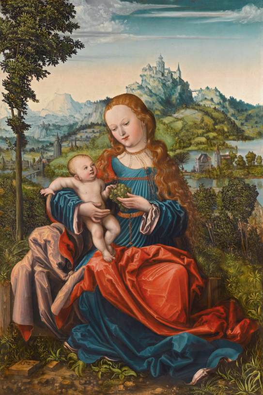 Jungfru och barnet i en gräs täckt bank