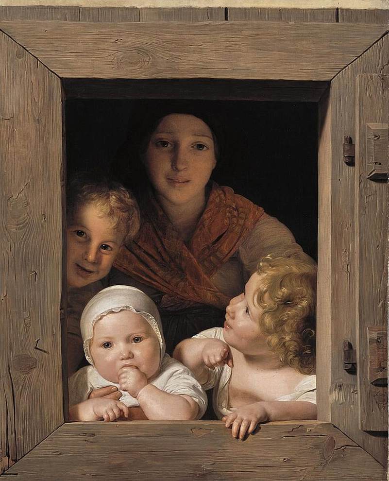 Tânăr țăran cu trei copii la fereastră