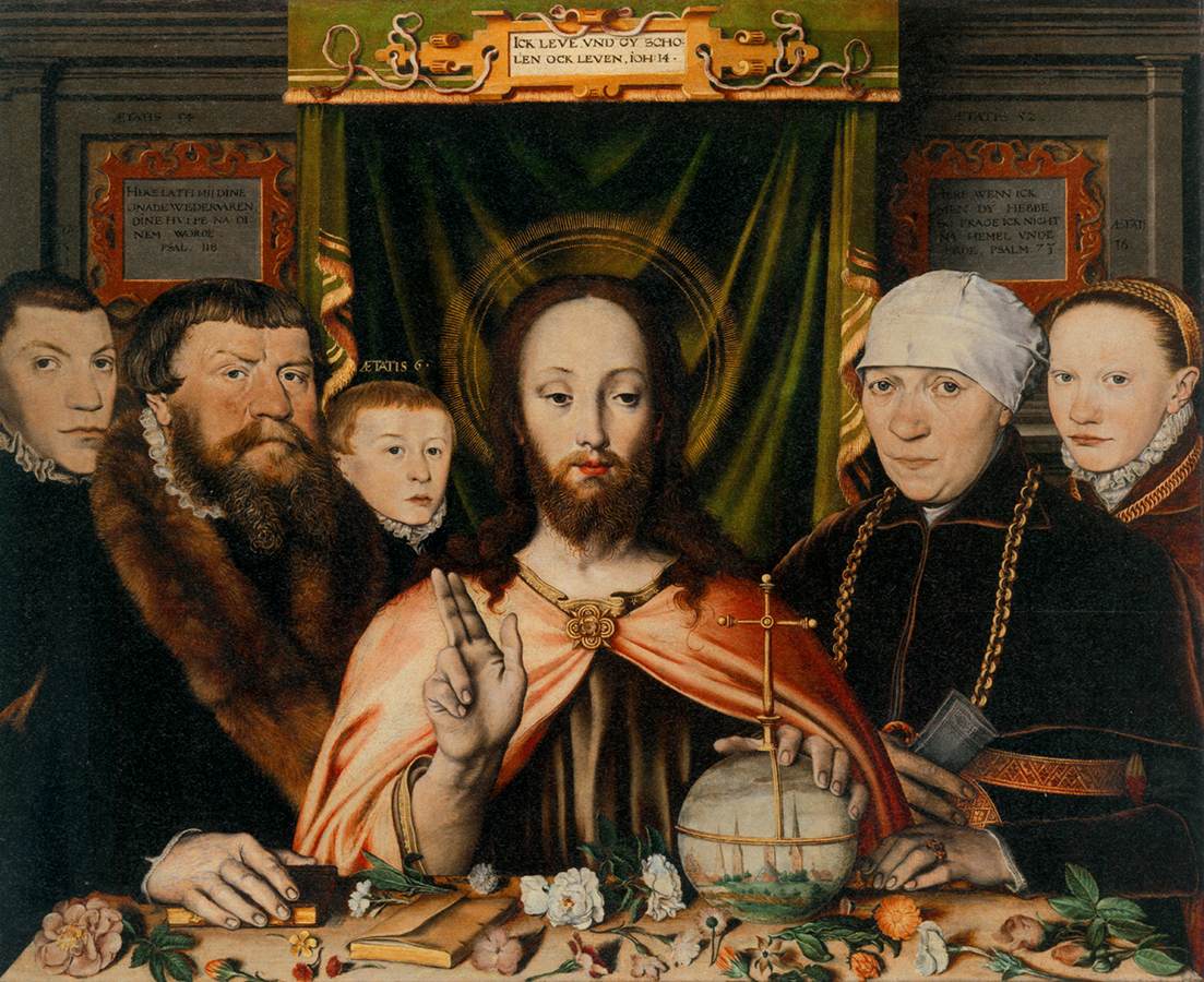 Christus Segen, umgeben von einer Familie von Spendern (zentrales Panel)